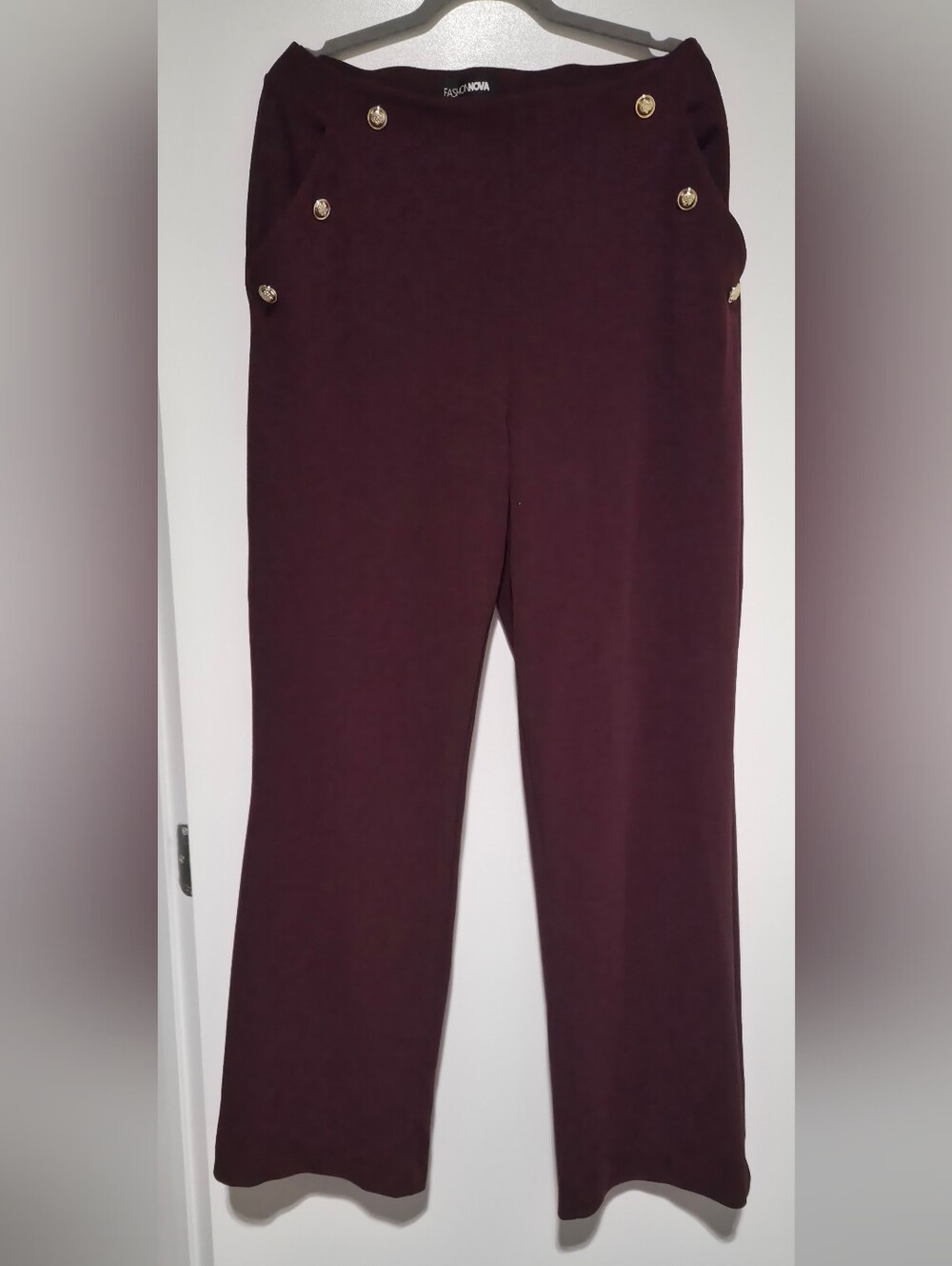 High-Waist Wide-Leg Button-Accent Pants - Burgundy - Picture 2 of 4